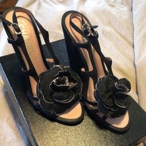 Chanel Camellia Black Satin Embellished Sandals